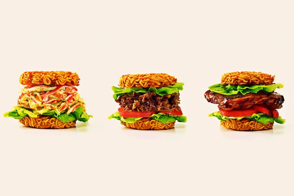 image of three burgers with ramen buns next to one another